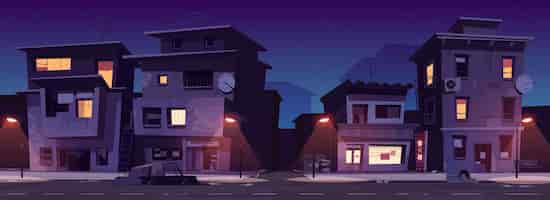 Free vector ghetto street at night, slum ruined abandoned old buildings with glowing windows. dilapidated dwellings stand on roadside with street lamps, car body and scatter litter cartoon vector illustration