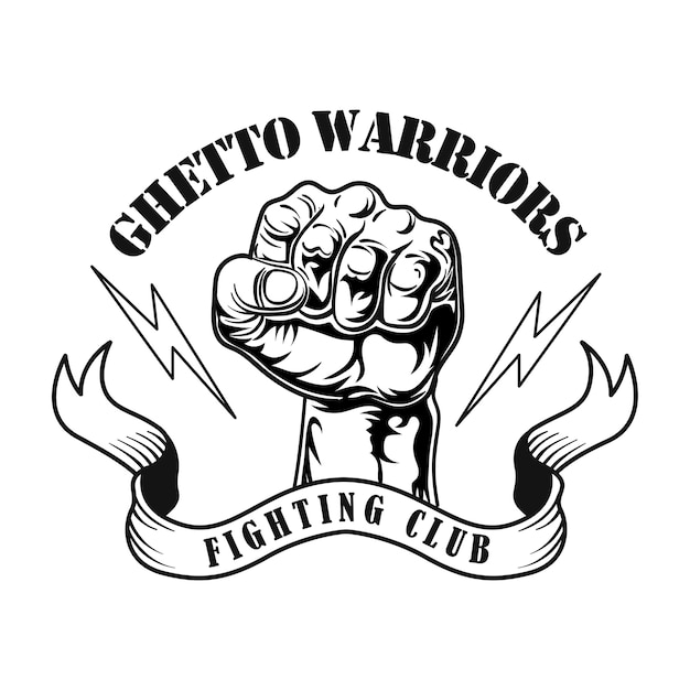 無料ベクター ゲットーの戦士のシンボルのベクトル図です。稲妻、リボンのテキストと男性の拳
