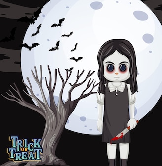 Ghost girl holding a knife on full moon background