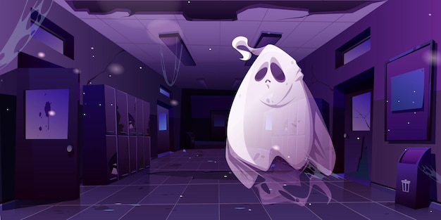 Бесплатное векторное изображение Призрак в интерьере заброшенного школьного зала ночью