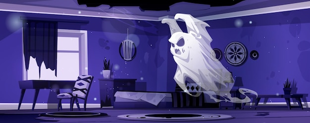 Бесплатное векторное изображение Призрак в ночной заброшенной спальне страшный призрак