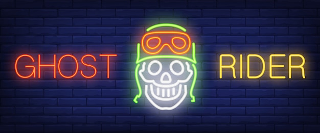 Ghost rider neon text with skull in helmet and goggles