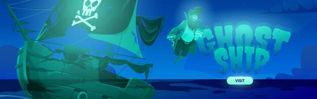 死んだ海賊の精神と幽霊の出る帆船が光り、岩がくっついている夜の海の上を舞い上がる幽霊船の漫画の着陸ページ。秘密の島でのハロウィーン議事妨害の冒険、ベクトルのWebバナー
