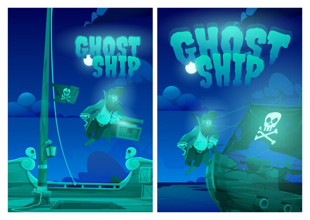 Ghost ship posters with pirate treasure chest and black jolly roger flag at night