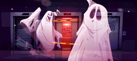 Ghosts in hallway with broken elevator at night