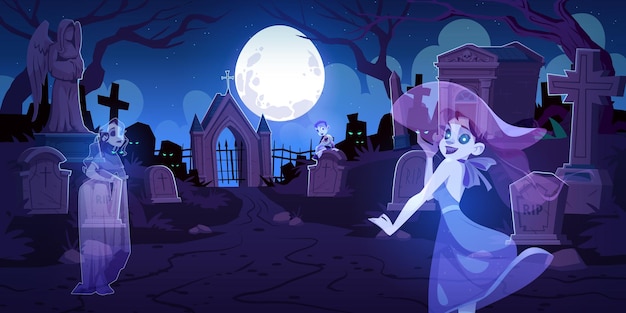 Free vector ghosts on old cemetery with graves at night