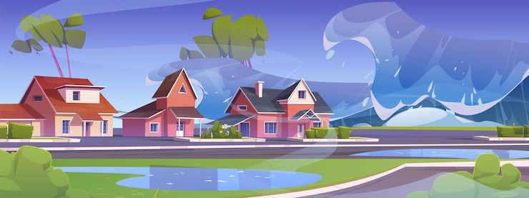 Free Vector giant tsunami wave covers coast with houses