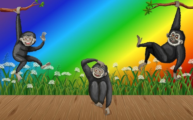 Gibbons in the forest on gradient rainbow background