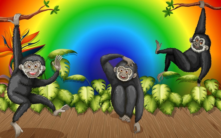 मुफ़्त वेक्टर gibbons in the forest on gradient rainbow background