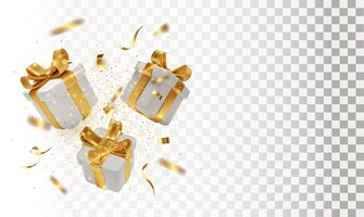 Gift 3d boxes with golden ribbon and bow and confetti isolated on transparent background blank for a holiday banner or postcard