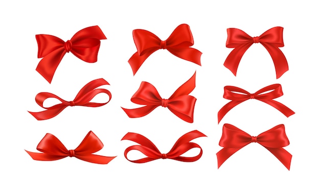 Gift bows silk red ribbon with decorative bow. realistic luxury festive satin tape for decor