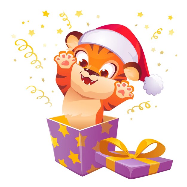 Gift box with cute tiger in christmas hat leap out