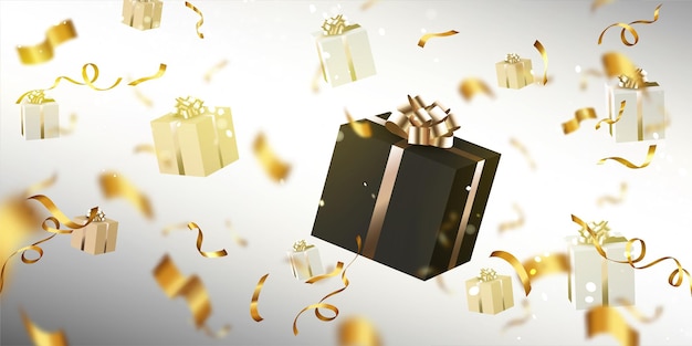 Free vector gift boxes and confetti flying on defocused background. black and gold presents with golden spiral twisted tinsel, birthday, 3d vector design for birthday, new year, christmas realistic illustration