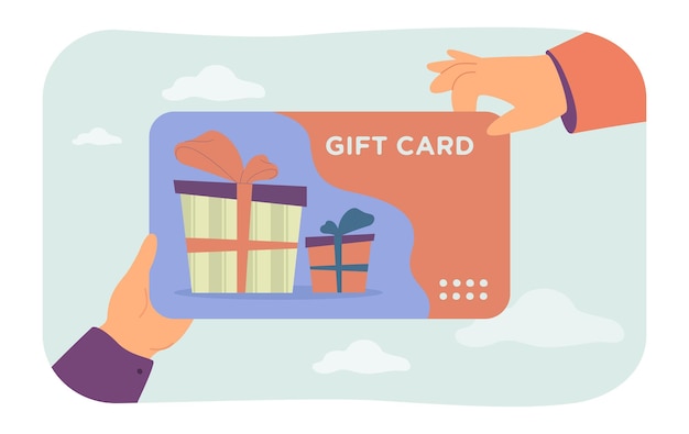 Free vector gift card in peoples hands flat vector illustration. person giving birthday present. celebration, party, surprise, congratulation, holiday concept for banner, website design or landing web page