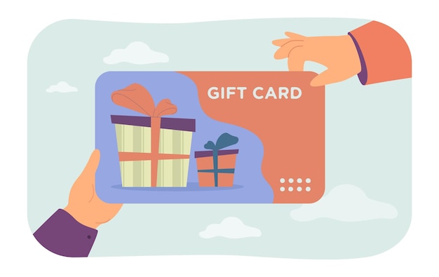 Gift card in peoples hands flat vector illustration. Person giving birthday present. Celebration, party, surprise, congratulation, holiday concept for banner, website design or landing web page