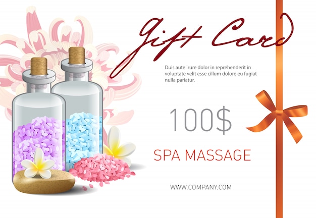 Free vector gift card, spa massage lettering, ribbon and accessories. spa salon gift voucher