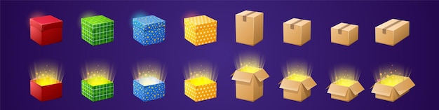 Gift and cardboard boxes for game gui design vector cartoon set of colorful present packages with re...