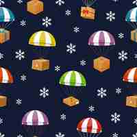 Free vector gift delivery in winter sky with snowflakes. gifts parachute.