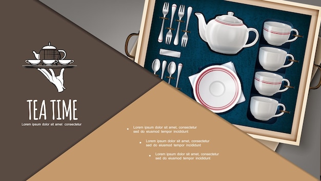 Free vector gift tea set in case composition with porcelain cups teapot plate silver forks and spoons in realistic style