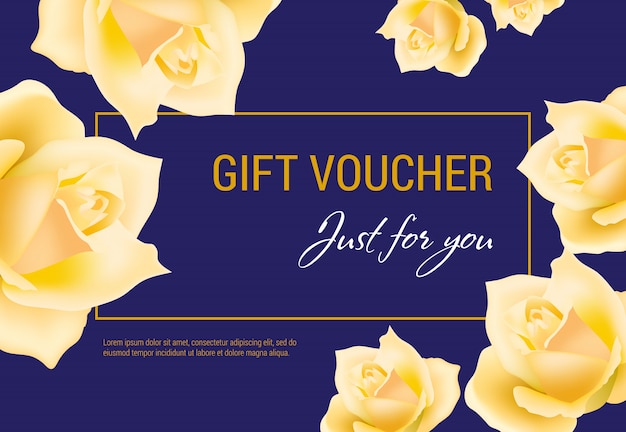 Gift voucher just for you lettering with yellow rose heads.