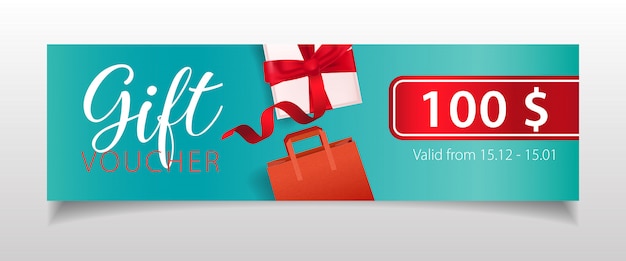 Free vector gift voucher lettering with gift box and shopping bag