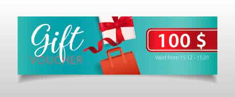 Vettore gratuito iscrizione del buono regalo con scatola regalo e shopping bag