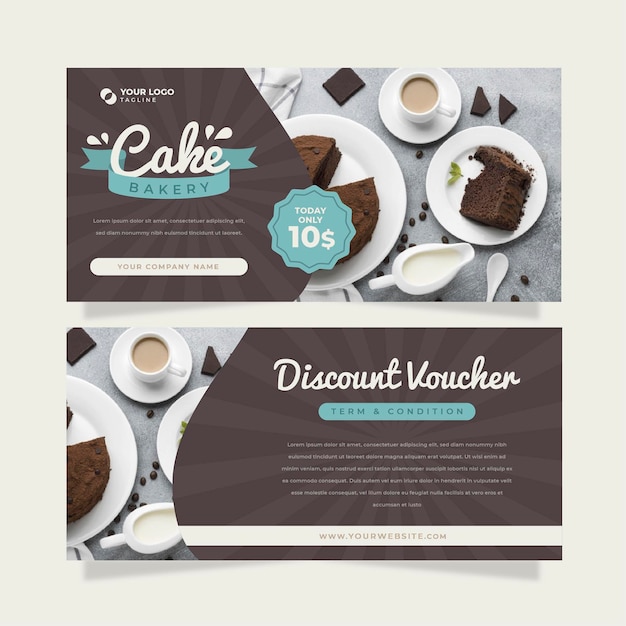 Free vector gift voucher template with cake photo