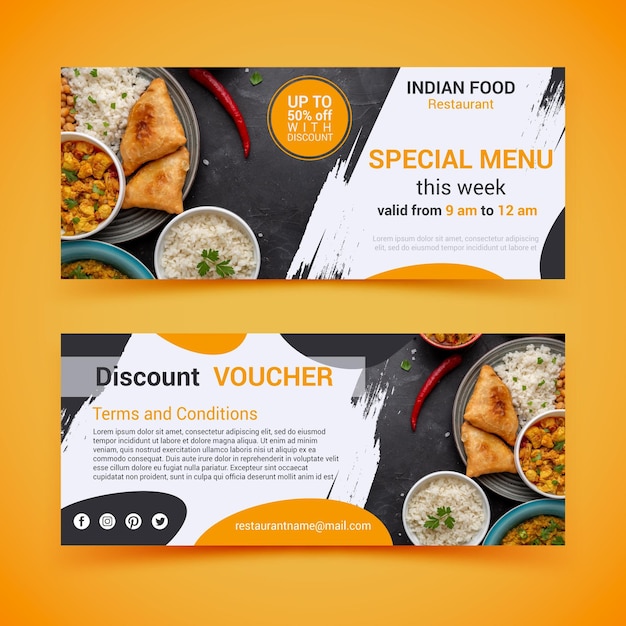 Free vector gift voucher template with photo and food