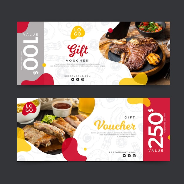 Free vector gift voucher template with steak photo