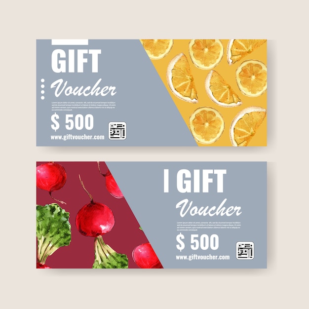 Gift voucher vegetable watercolor paint collection. fresh food organic healthy illustration