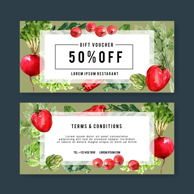 gift voucher vegetable watercolor paint collection. Fresh food organic healthy illustration