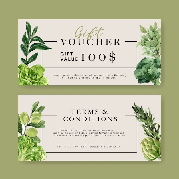 Gift voucher vegetable watercolor paint collection. fresh food organic healthy illustration