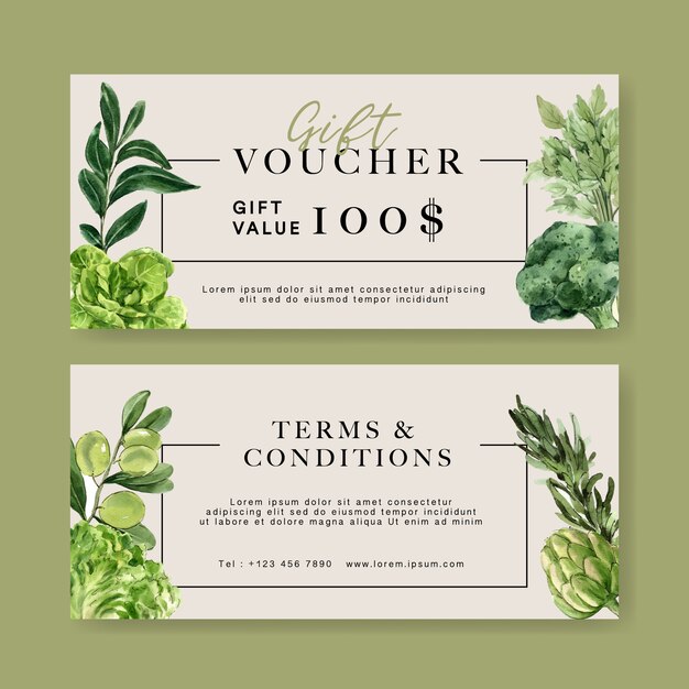 gift voucher vegetable watercolor paint collection. Fresh food organic healthy illustration