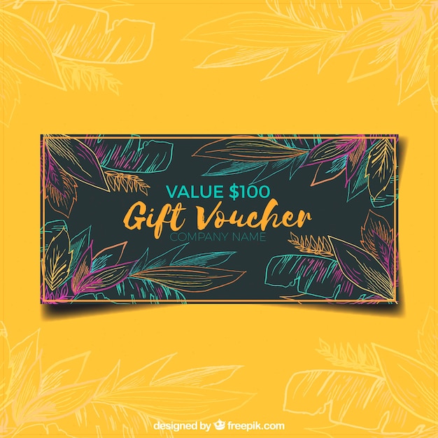 Free vector gift voucher with colored leaves sketches