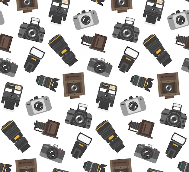 Free vector gifts and gear for photographers wrap paper seamless pattern with modern and retro camera