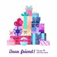 Free vector gifts presents heart round square and rectangular shaped boxes packages in beautiful wrappings flat composition