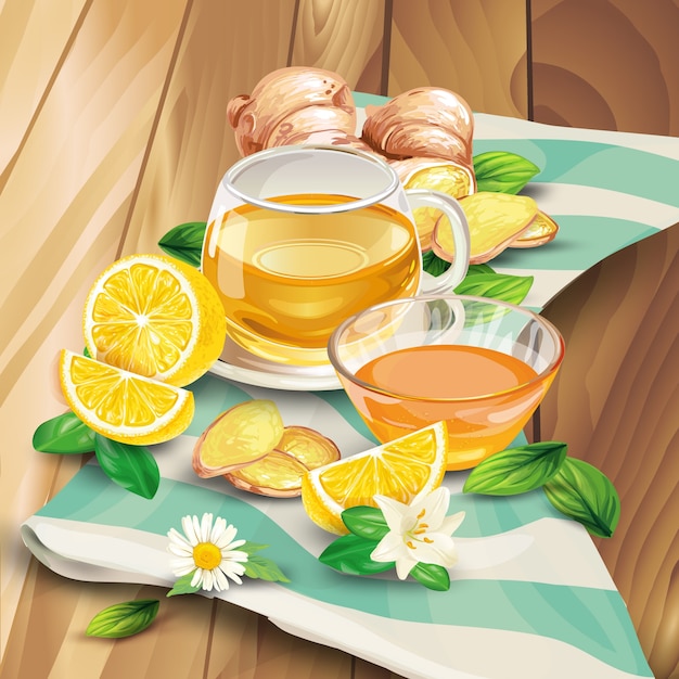 Ginger tea composition on wooden background