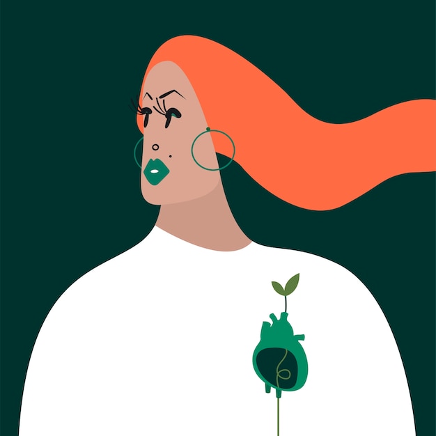 緑の心のイラストのジンジャーの女性のキャラクター