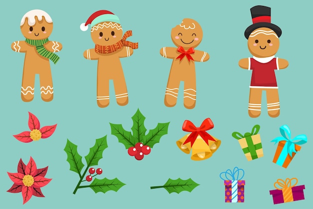 Gingerbread characters and element of christmas in various poses and scenes