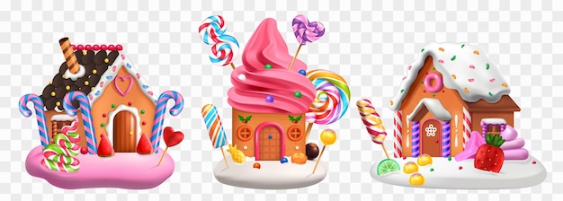 Gingerbread fairytale houses with sweet candy cartoon color set at transparent background realistic vector illustration