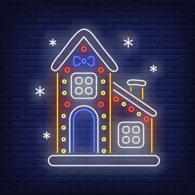 Free vector gingerbread house with snowflakes in neon style