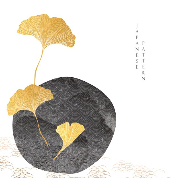 Ginkgo object with gold texture vector. black texture with japanese wave pattern. card design in oriental style.