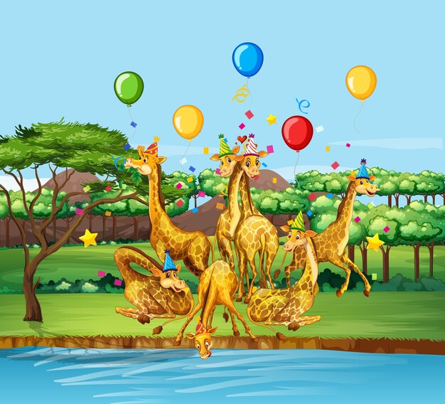 Группа жирафов в партии тематического мультипликационного персонажа в лесу