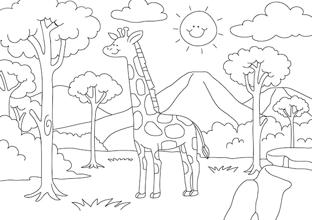 Бесплатное векторное изображение Дети жирафа раскраски вектор страницы, пустой дизайн для печати для детей, чтобы заполнить