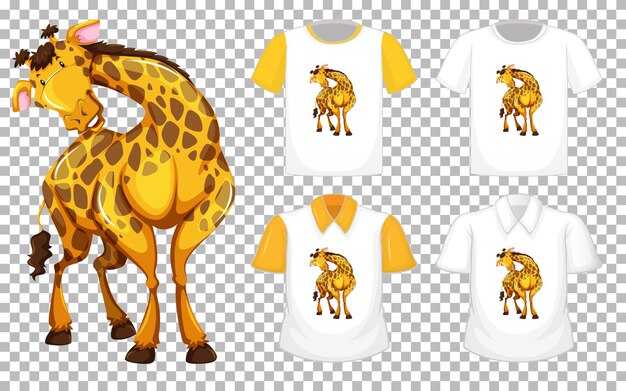 Giraffe in stand position cartoon character with many types of shirts on transparent background