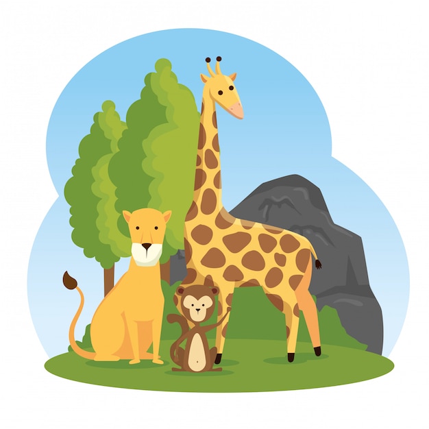 Бесплатное векторное изображение Жираф со львом и обезьяной заповедник диких животных