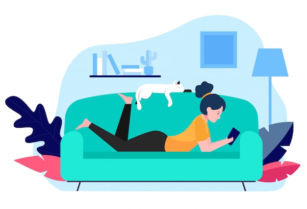 Бесплатное векторное изображение Девочка и кошка отдыхают на диване