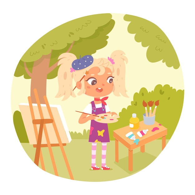 Free vector girl artist painting outdoor little child drawing picture of flowers on canvas on easel with brushes watercolours palette