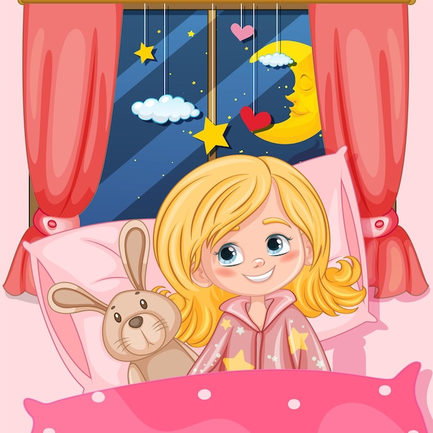 Бесплатное векторное изображение Девушка перед сном с куклой-зайчиком