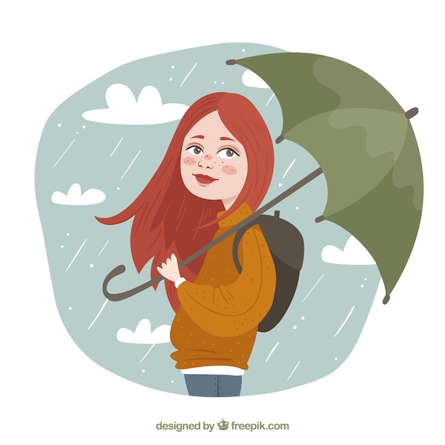 バックパックと傘の女の子の背景